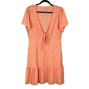 Esqualo Cottagecore Eyelet Ruffled Tiered Tie Front Short Sleeve Dress XL Peach